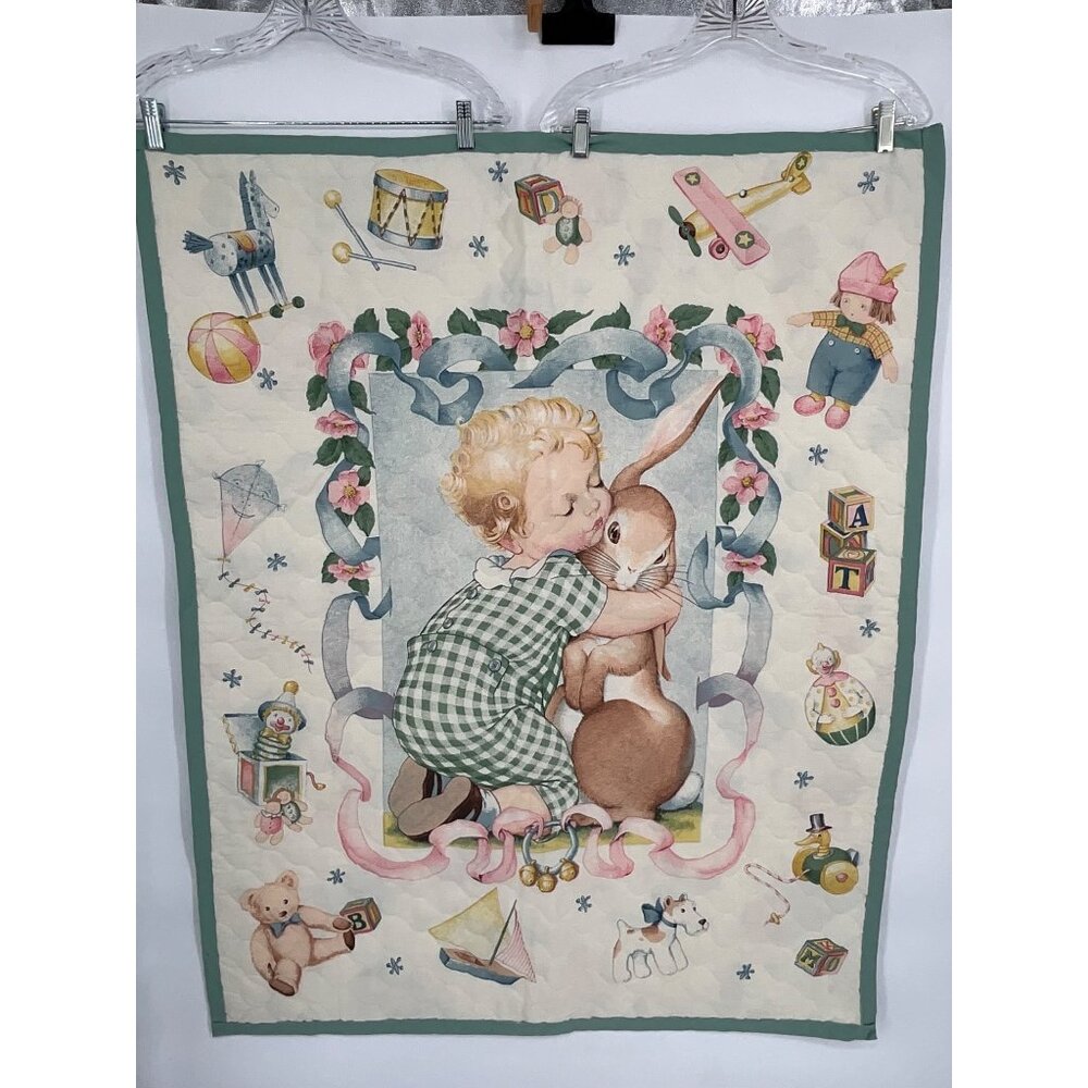 Child & Bunny Handmade Quilted Baby Blanket‎ Nursery Decor 36"x44"